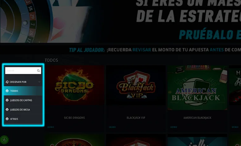 Filtro de categorías del lobby de casino de Strendus