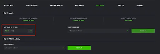 Pantalla oficial de Strendus para indicar la cantidad a retirar