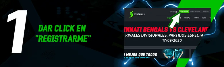 Pantalla oficial de Strendus señalando el botón «Registrarme»
