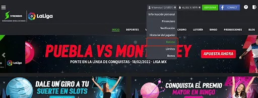 Menú de cuenta de Strendus con la opción Retiros destacada