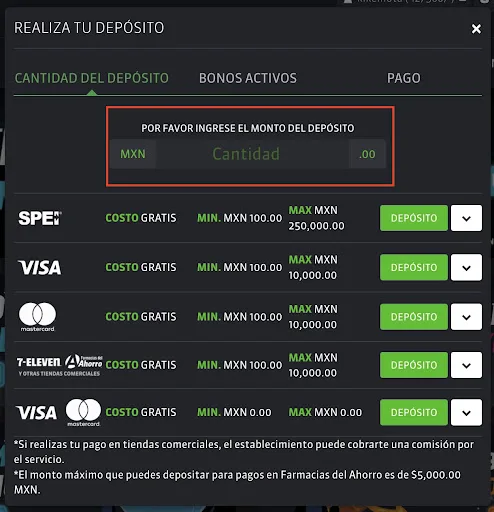 Pantalla oficial de Strendus para elegir la cantidad a depositar