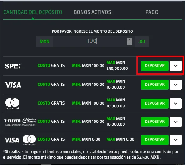 Pantalla oficial de Strendus con SPEI destacado y una red de tiendas como opción de pago