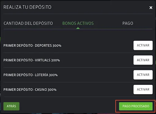 Pantalla oficial de Strendus para elegir si el depósito incluye un bono