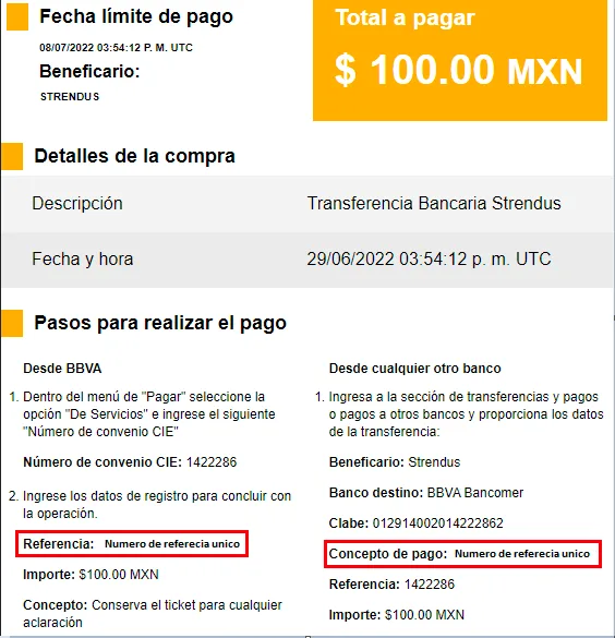 Pantalla oficial de Strendus con los datos de transferencia SPEI y un número en formato CLABE