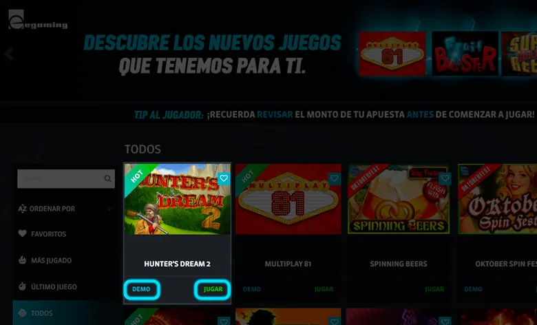 Lobby de tragamonedas de Strendus con un banner del proveedor Egoming