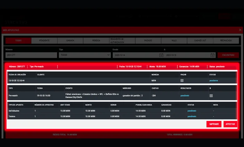 Sección «Mis apuestas» de Strendus con el historial de apuestas