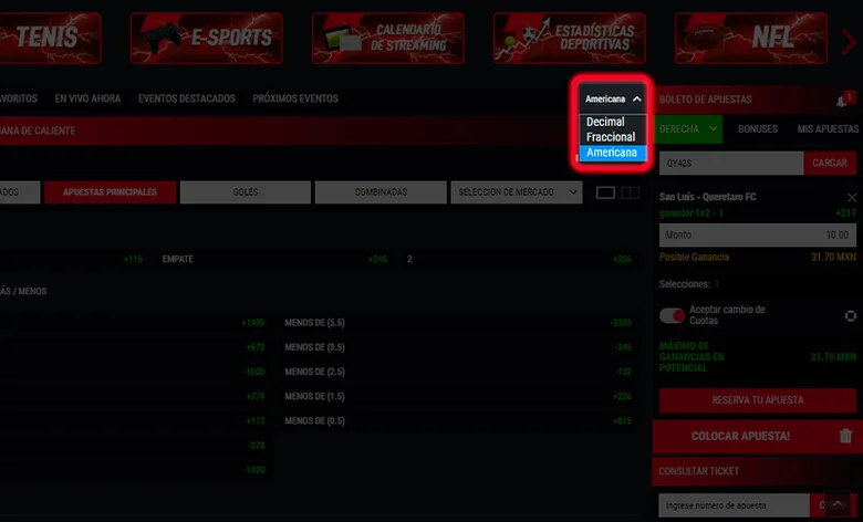 Selector de formato de cuotas y boleto de apuesta de Strendus