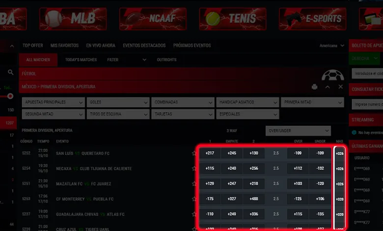 Listado de eventos deportivos de Strendus con opciones de filtro