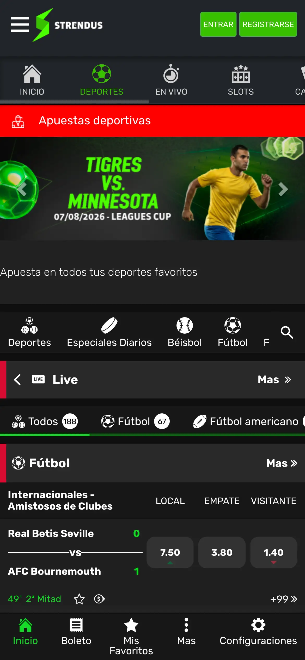 Panel de apuestas deportivas de Strendus en móvil con las cuotas de un partido, capturado el 2026-08-09