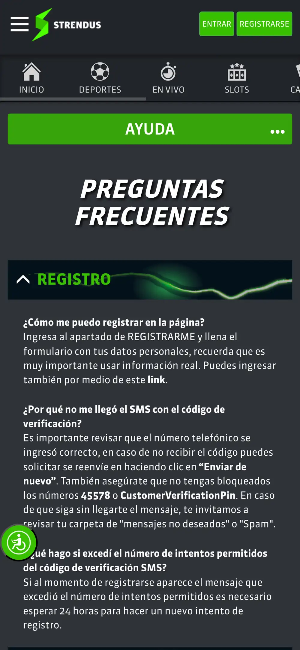 Preguntas frecuentes de Strendus en móvil con el bloque de registro desplegado, capturado el 2026-08-09