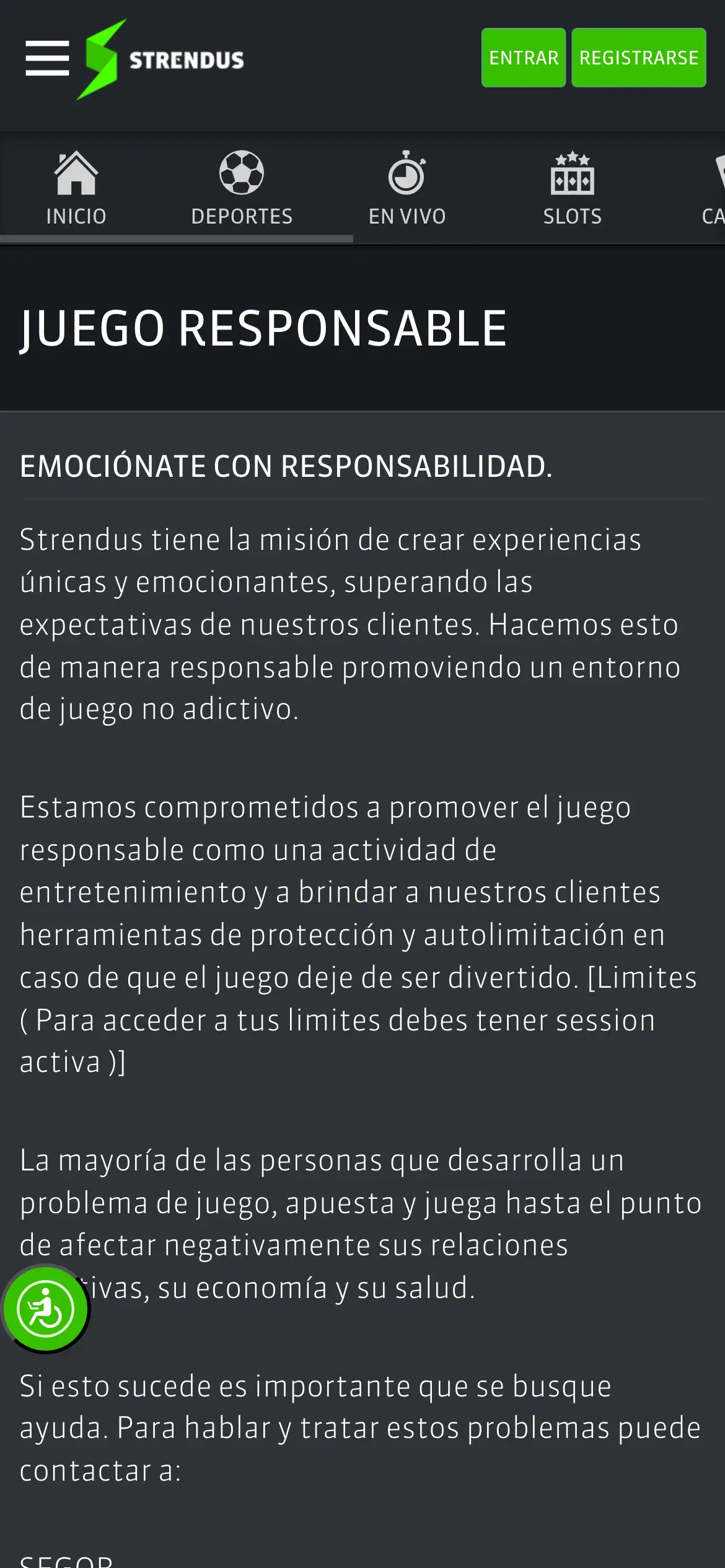 Página pública de juego responsable de Strendus, con el titular «Emociónate con responsabilidad»