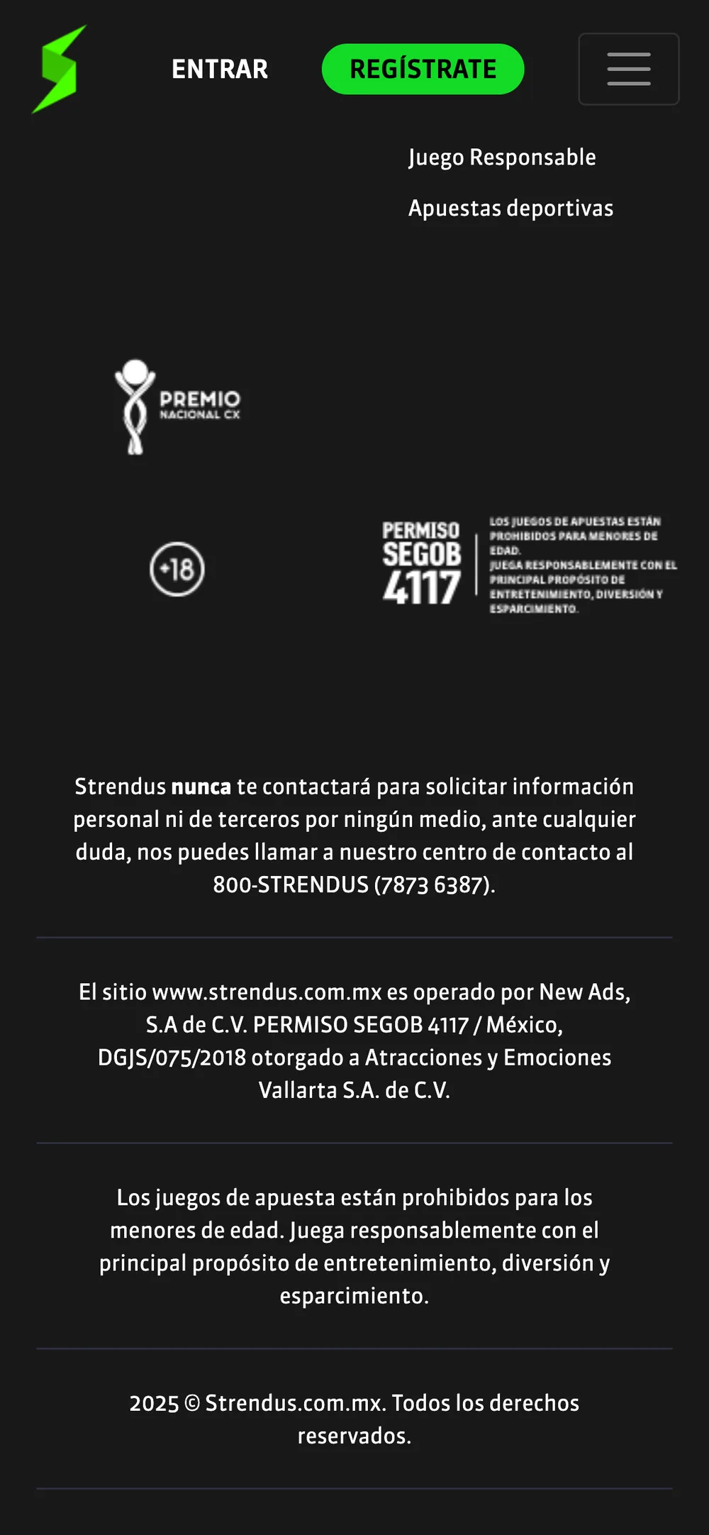 Pie de página de Strendus con el texto "Permiso SEGOB 4117" y el operador declarado "New Ads, S.A de C.V."