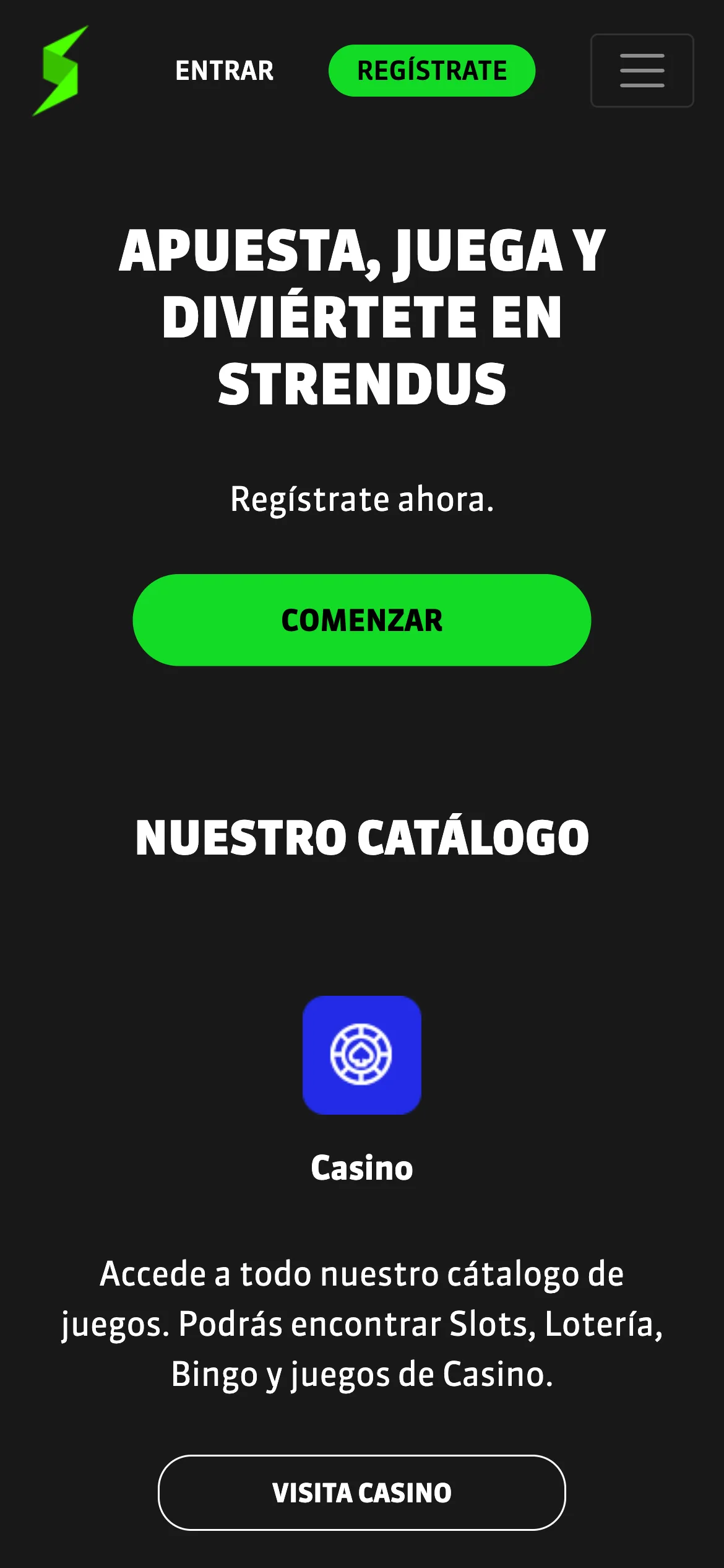 Portada de Strendus en versión móvil, sin iniciar sesión, capturada el 2026-08-09