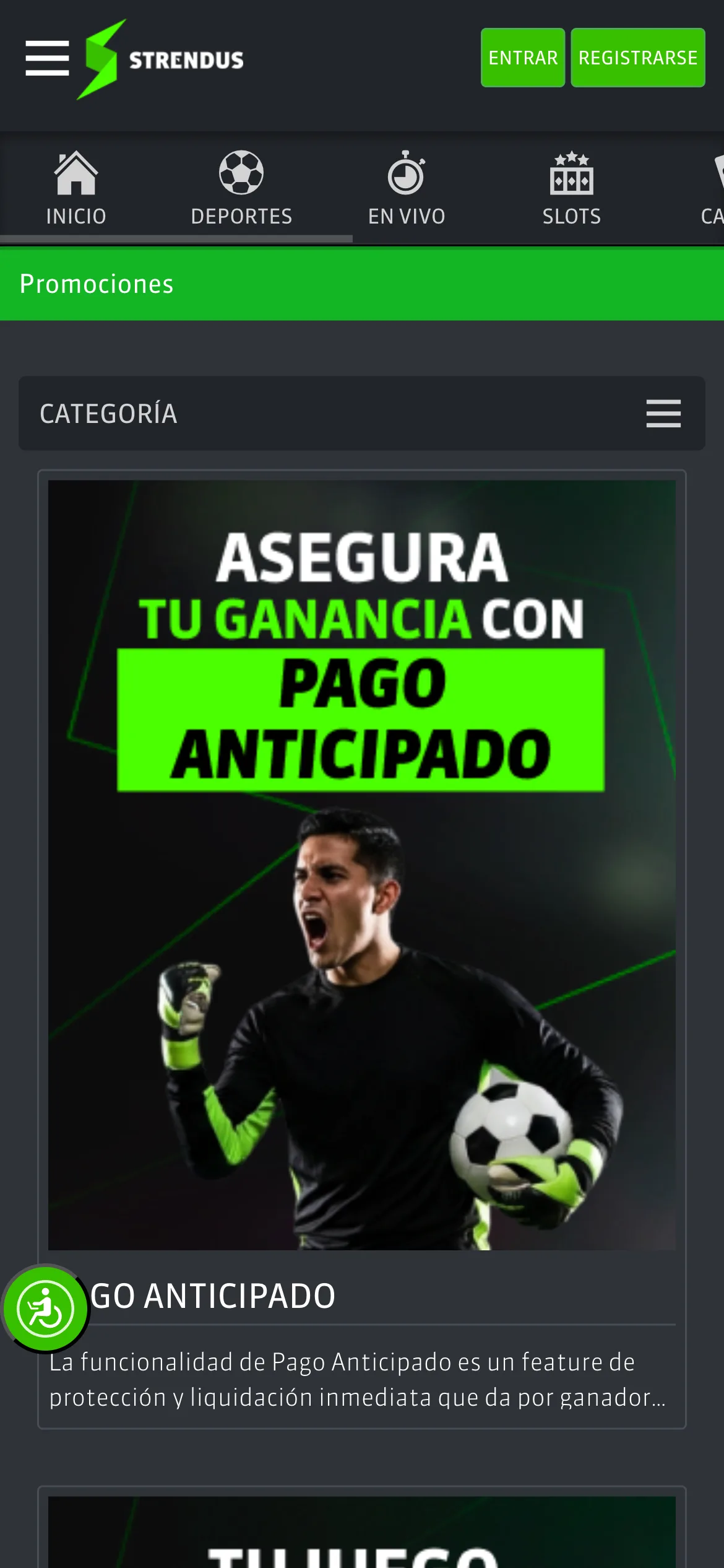 Listado de promociones de Strendus en móvil, con una tarjeta de pago anticipado, capturado el 2026-08-09