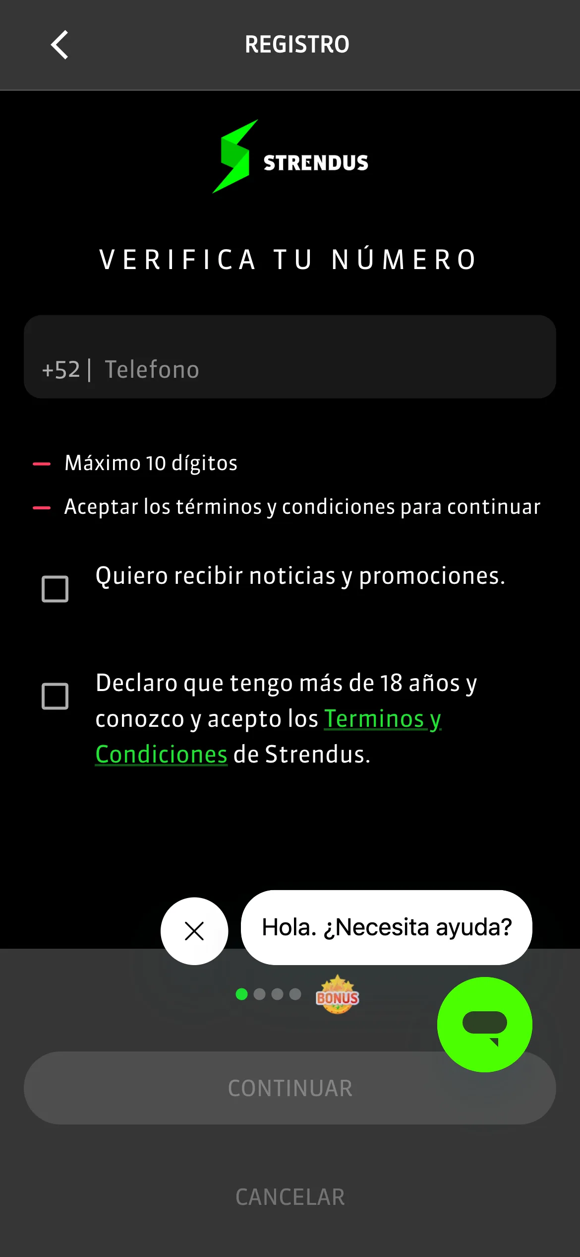 Primer paso del registro de Strendus pidiendo solo un número de teléfono, capturado el 2026-08-09